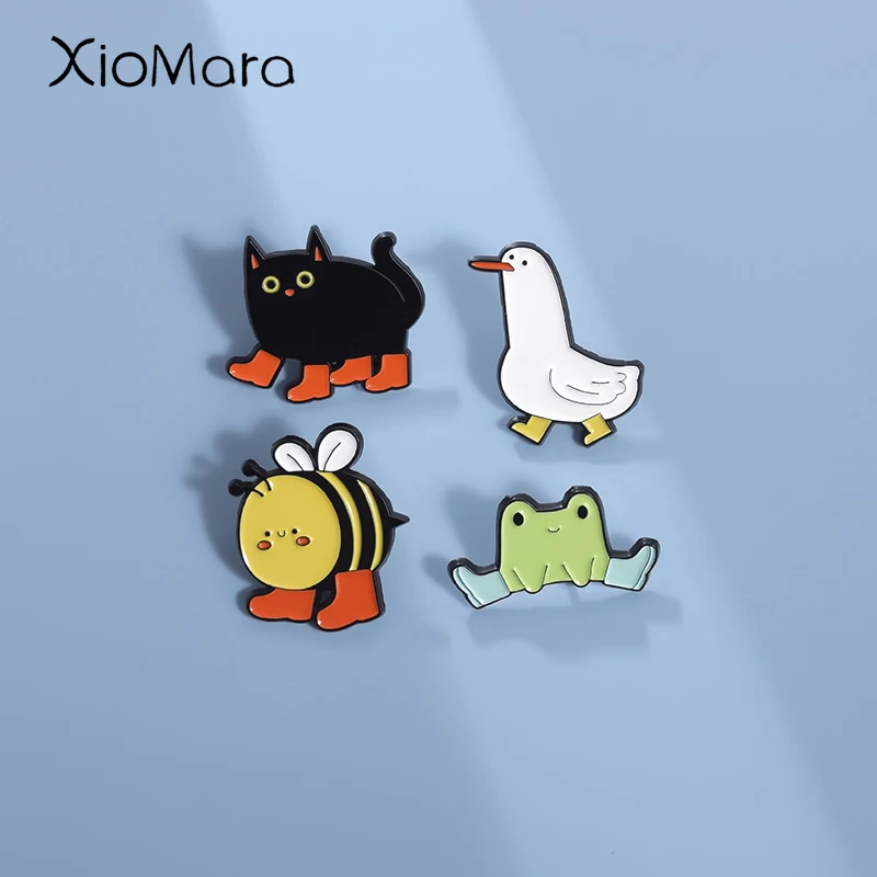 Funny Wearing Shoes Animal Enamel Pins Custom Frog Goose Bee Cat Brooches Lapel Badges Cartoon Jewelry Gift for Kids Friends