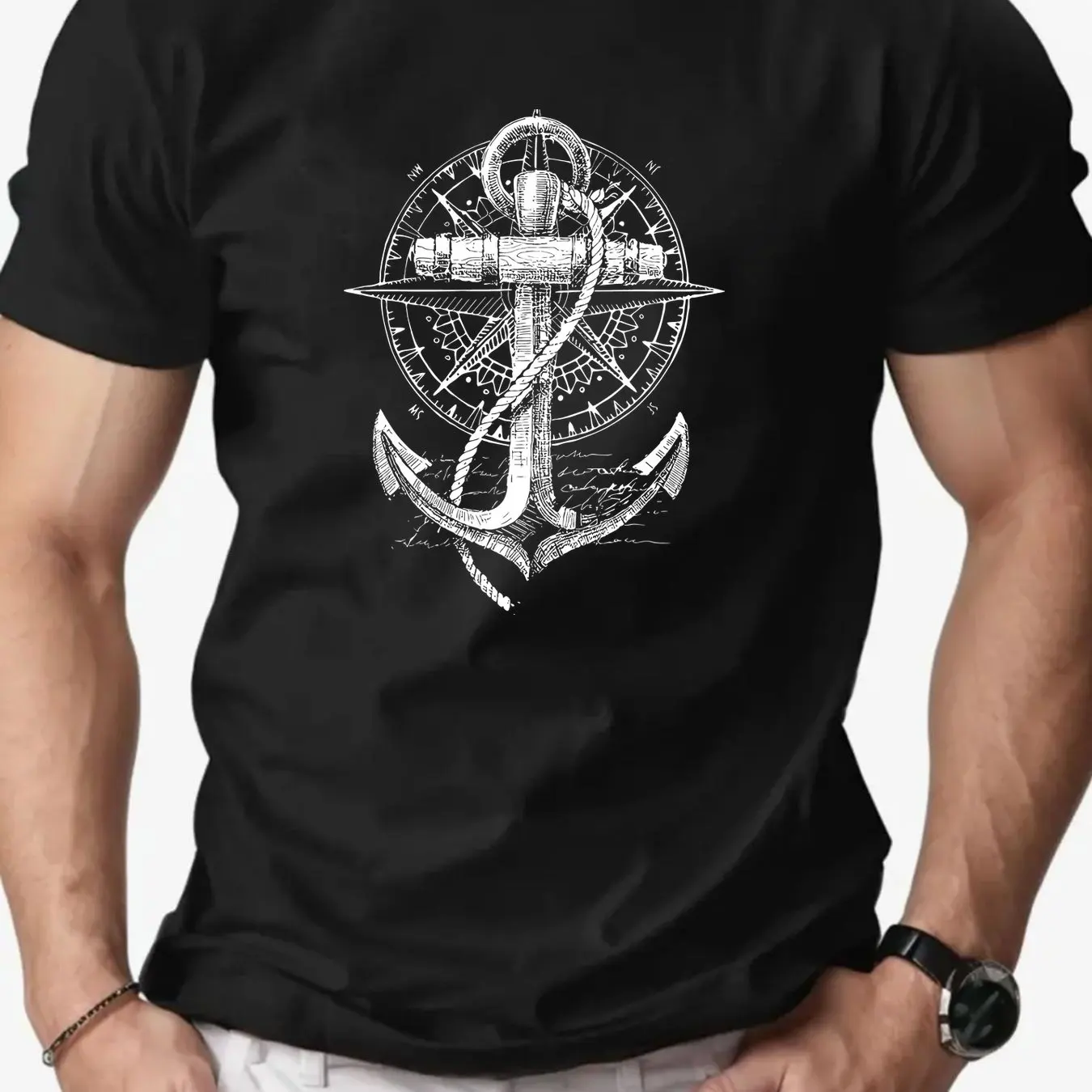 Men's Sailboat Anchor Pattern T-shirt 100% Cotton Printed T-shirt Beach Simple Casual Loose Comfortable T-shirt