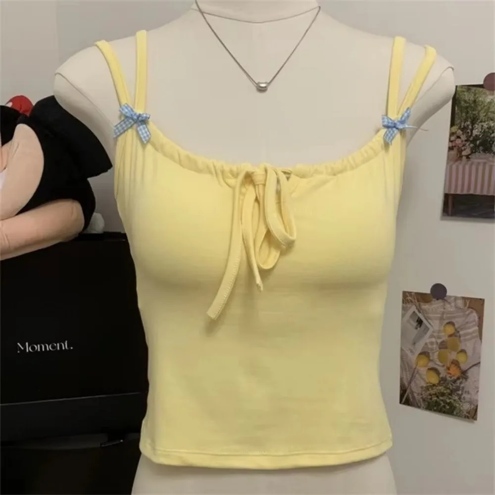 قميص قصير نسائي صيفي أنيق بدون أكمام مع وسادة صدر تانك القمم السباغيتي حزام القوس المحاصيل القمم كاميس سليم