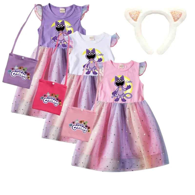 Cartoon smiling critters baby girl dresses kids catnap clothes cosplay costume children fly sleeve casual dress with bag