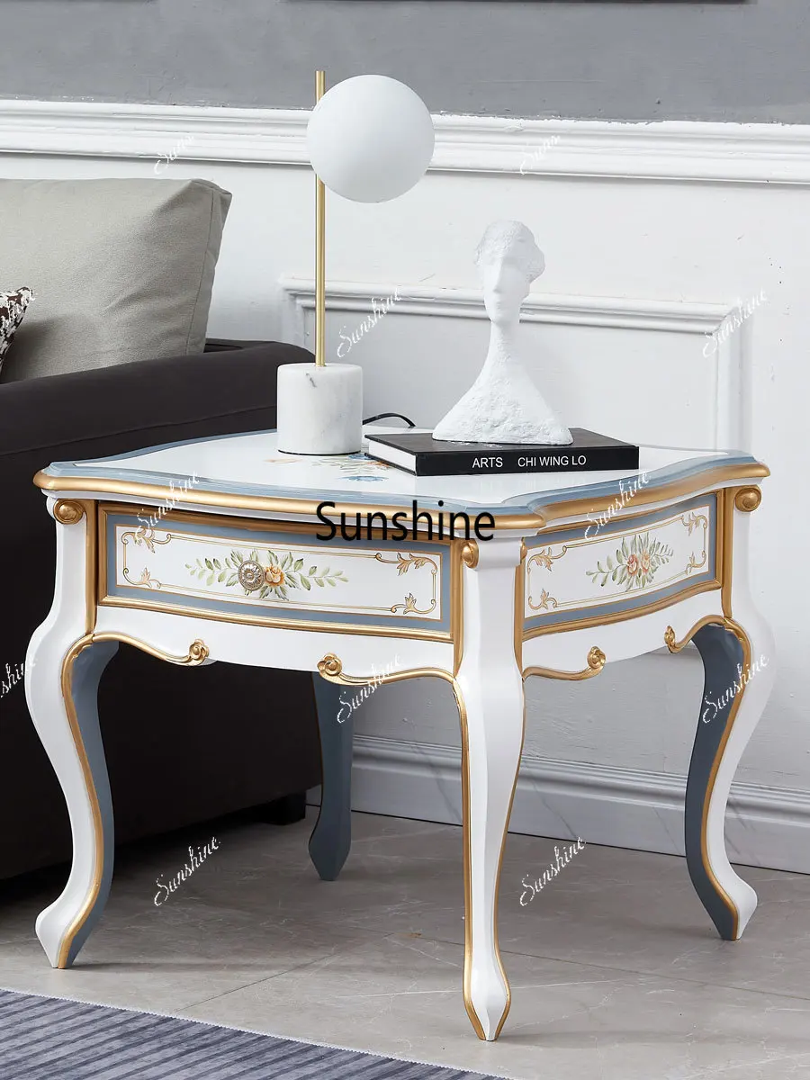 Painted European light luxury corner few all solid wood living room sofa carved phone table white simple