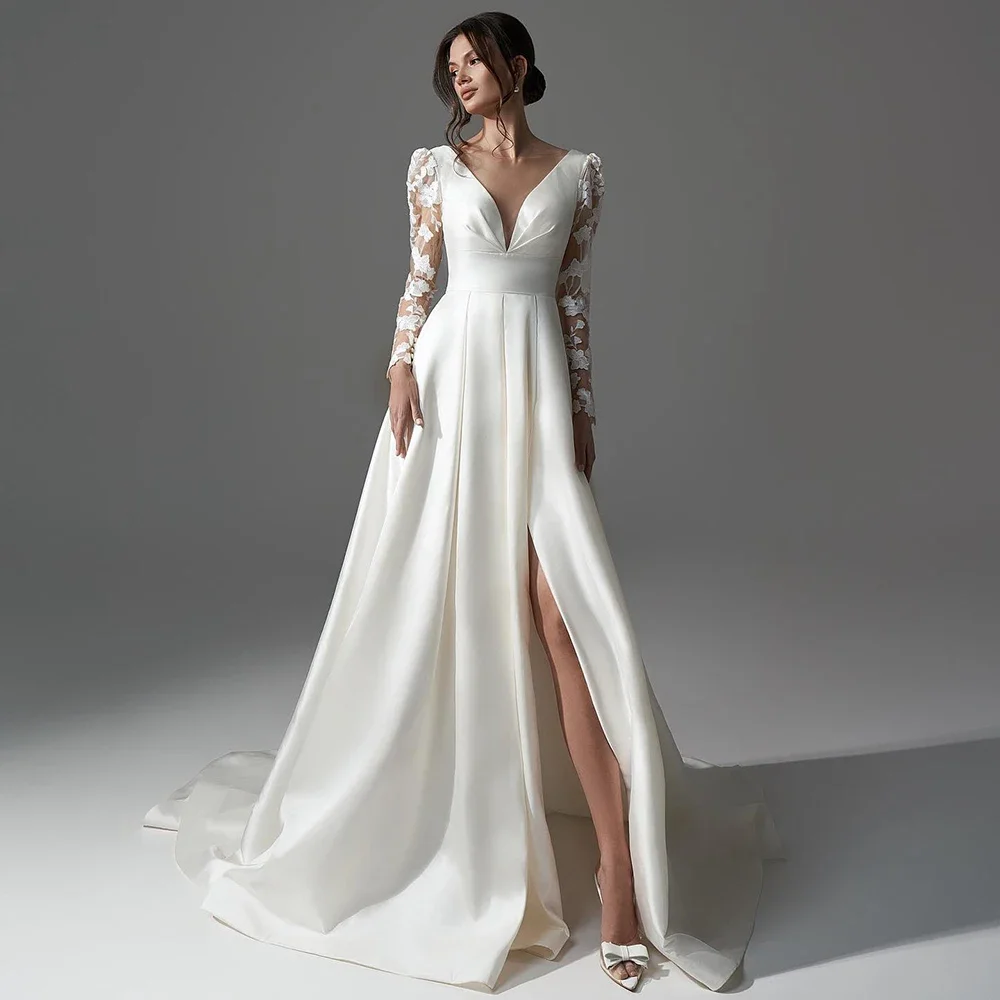 

Flavinke Атласные свадебные платья по индивидуальному заказу Robe De Mariee с кружевными рукавами и V-образным вырезом с разрезом и скользящим шлейфом A Line Свадебное платье Платья