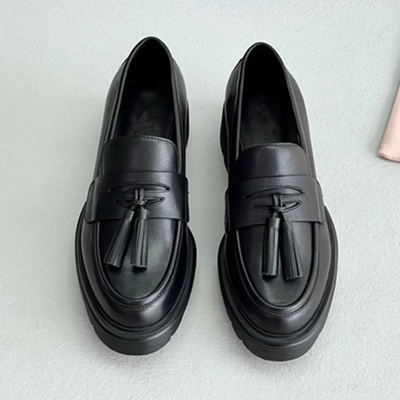 Sepatu Loafer Gaya Akademi Inggris dengan Sol Tebal dan Rumbai, Sepatu Kulit Sapi, Sepatu Moccasin Minimalis, Sepatu Vintage