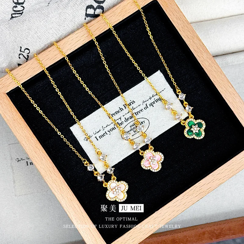 Light luxury 24K real gold four-leaf clover necklace high-end feelingfemale 9999 diamond-set design  shell collarbone chain