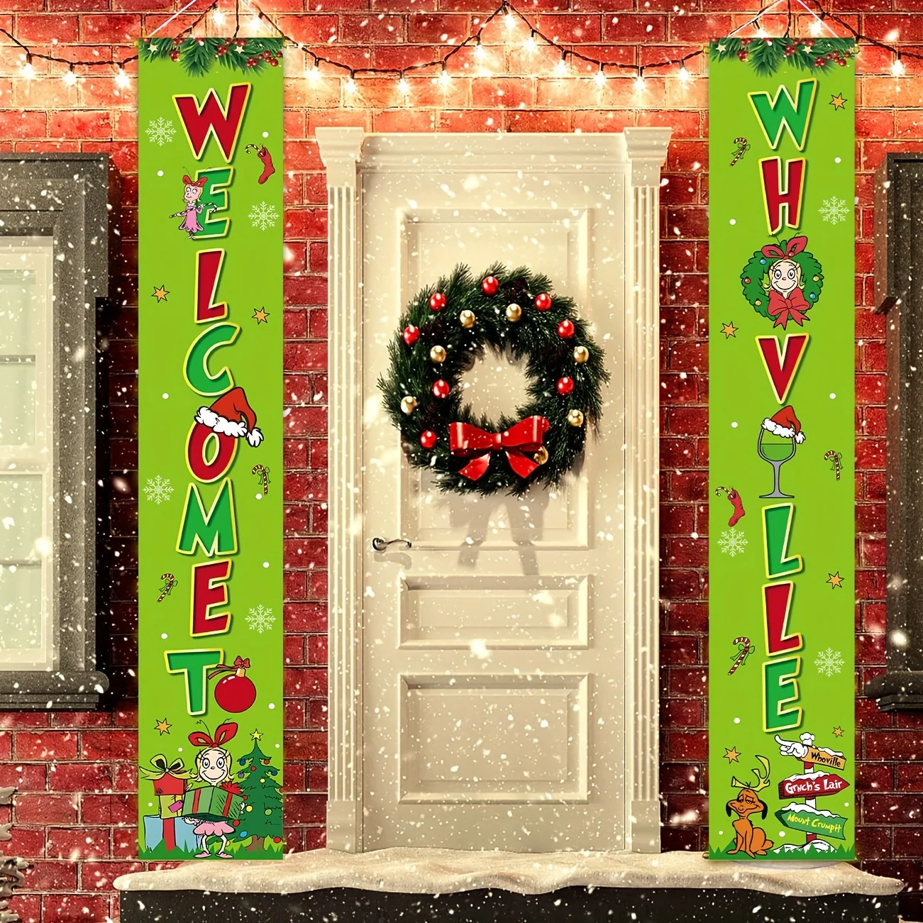 Whoville زينة عيد الميلاد عيد الميلاد الشرفة تسجيل- مرحبا بكم في Whoville زينة باب عيد الميلاد معلقة راية خلفية Outd #1