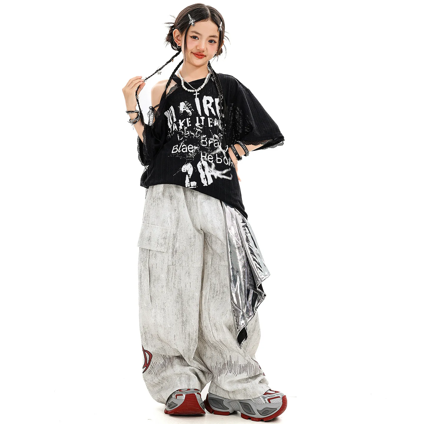 

Kid Kpop Hip Hop Clothing Black One Shoulder T Shirt Top Mixed Gray Casual Wide Pocket Pants for Girl Jazz Dance Costume Clothes