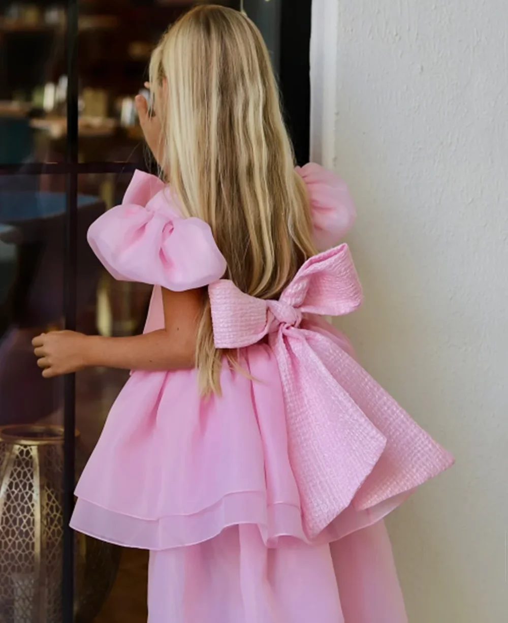 

Princess Pleat Bow Short Sleeve A Line Formal Flower Girl Dress Mini Length Sweep Train Elegant First Communion Gown Customized