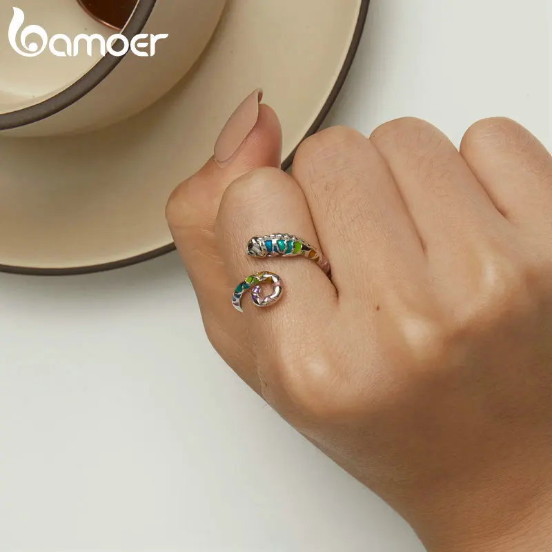 Bamoer 925 Sterling Silver Colorful Chameleon Opening Ring Enamel Process Animal Adjustable Ring for Women Fine Jewelry