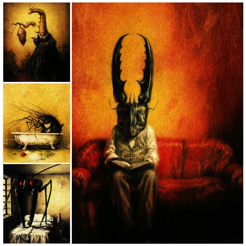 

Beetlemen And Mosquitoes In The House Of Insects Vintage Wall Art Canvas Painting Insect Life Art Poster Print Decor Unframed