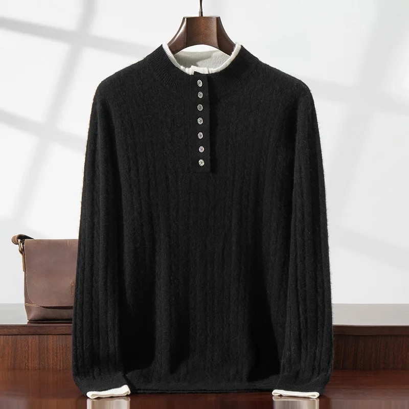 

Поддельный двухсекционный мужской свитер из 100% чистого кашемира, повседневный ленивый вязаный свитер с длинными рукавами и верхними пуговицами, трикотаж для верхней одежды