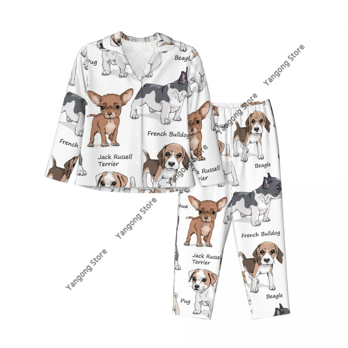 Women Sleepwear Dogs French Bulldog Beagle Jack Russell Terrier Chihuahua Pug Long Sleeve Neck Shirt Waist Pants Pajamas Set