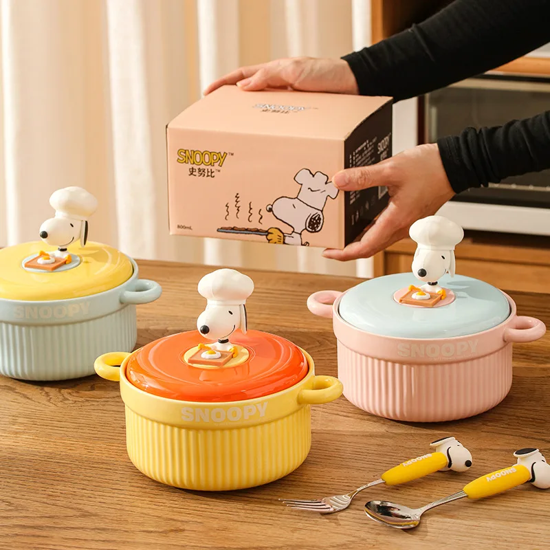 MINISO New Kawaii Snoopy Instant Noodle Bowl with Lid Tableware Cute Cartoon Double Ear Household High Aesthetic Ceramic Bowl