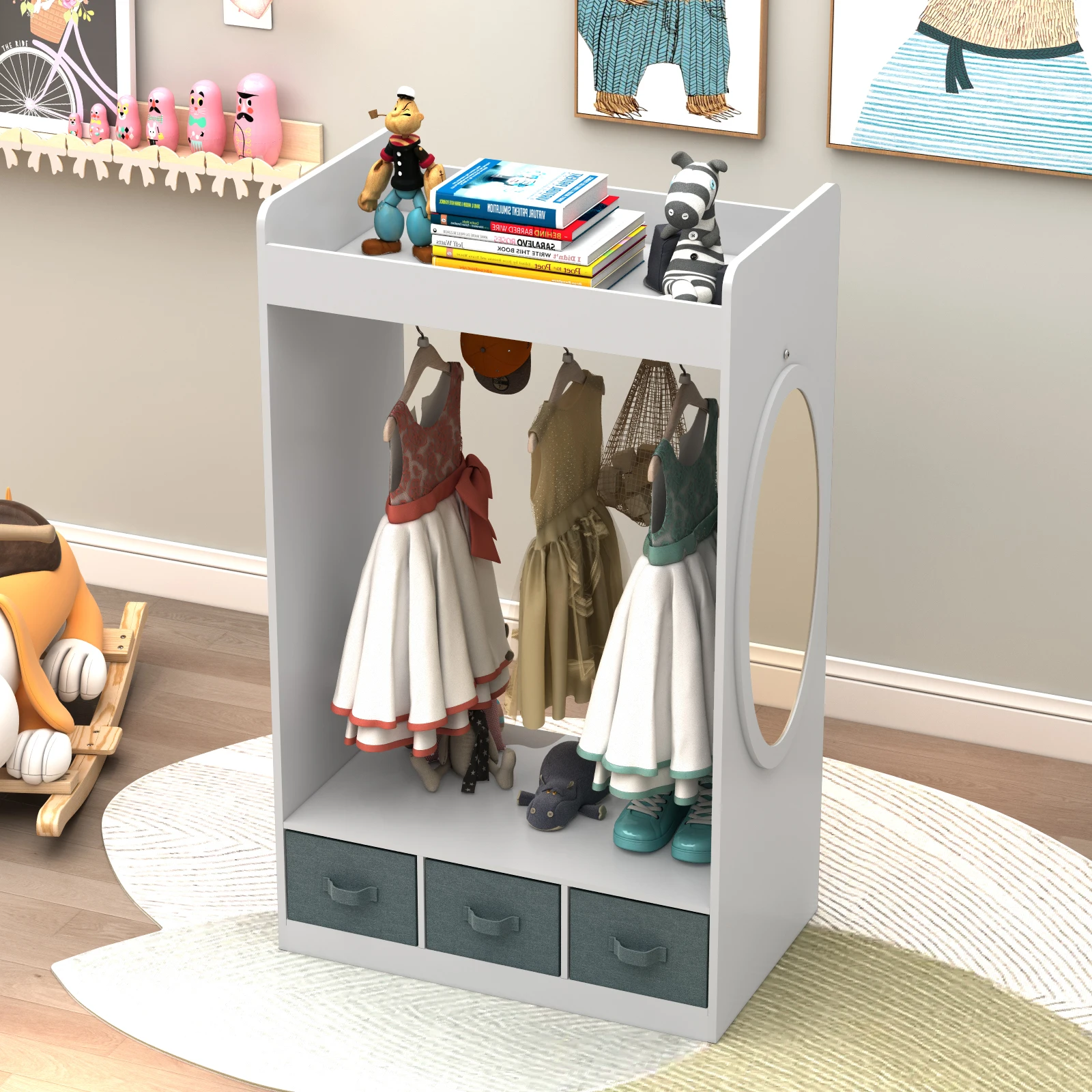 Organizer na kostiumy dla dzieci、 Stojak na kostiumy、Children Armoire、Open Hanging Armoire Cabinet with Mirror-WHITE