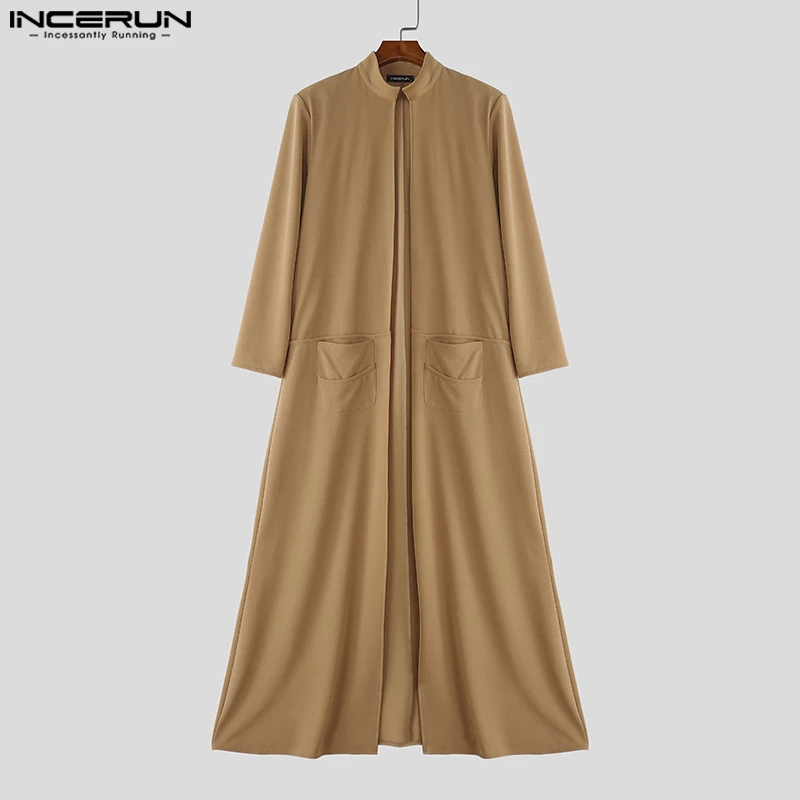 INCERUN Men Long Style Trench Solid Color Long Sleeve Cardigan Men Coats Streetwear Loose Open Stitch Fashion Casual Windbreaker