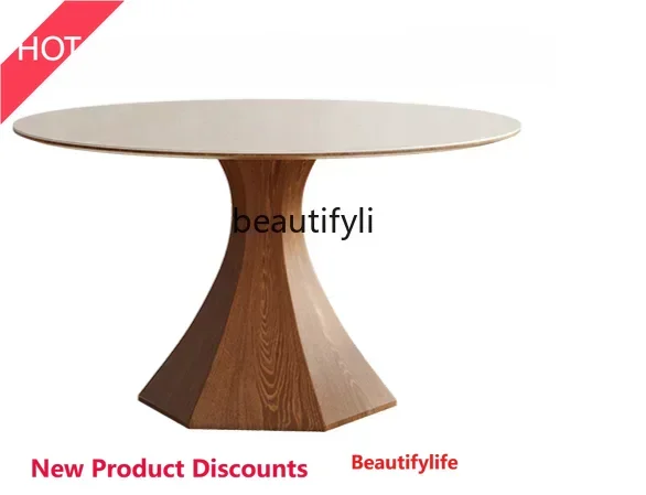 

A76 Nordic Solid Wood round Table Household Restaurant Dining Table with Turntable Walnut Retro Chic Simple Modern