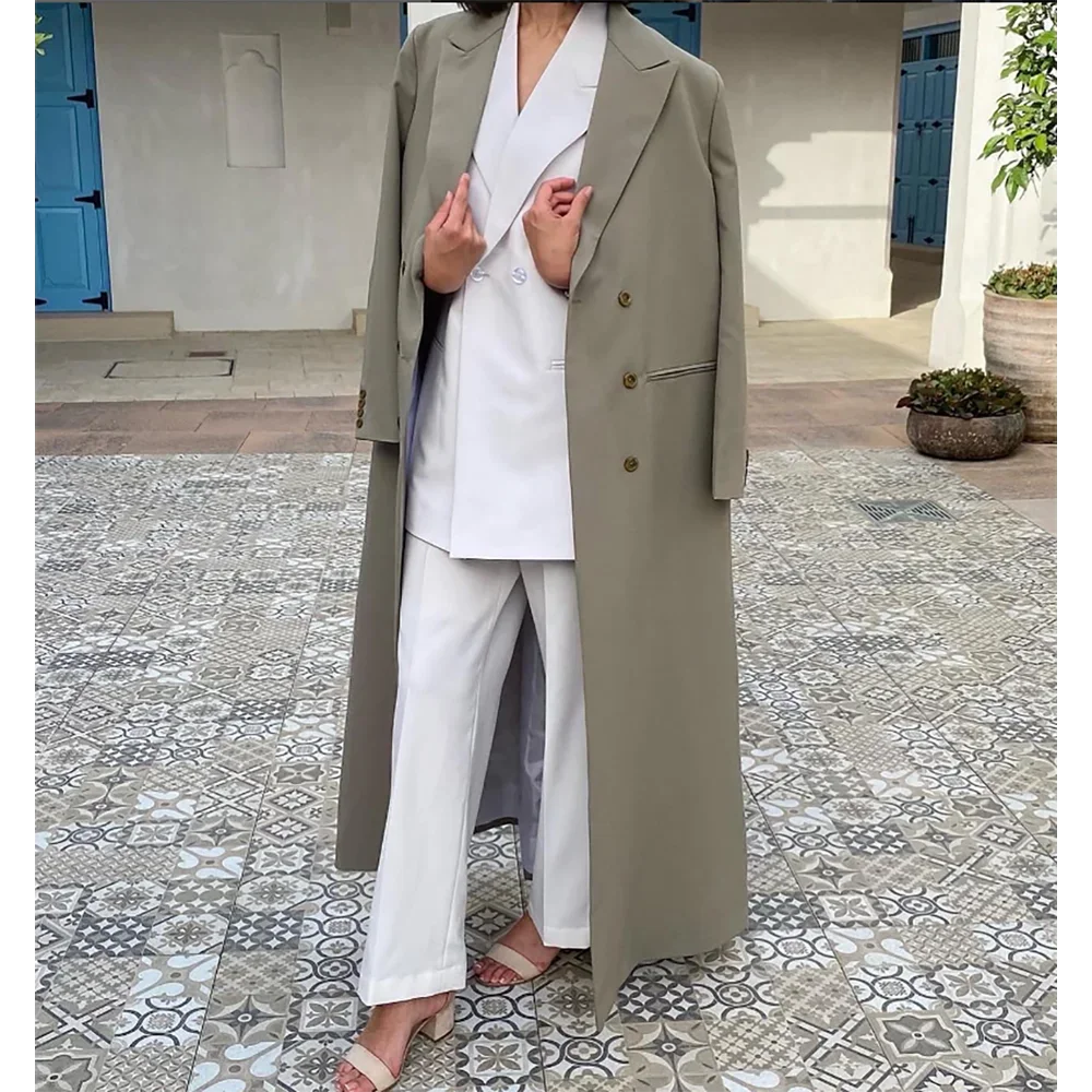 

Summer Khaki Women Long Jacket Double Breasted Female Daily Coat Formal Ankle Length Dress Arabic Robe