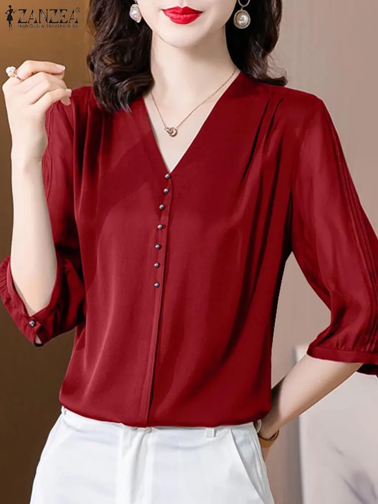 ZANZEA Office Lady Tops Summer Solid Satin Blouse Women Fashion V Neck Short Sleeve Blsuas Elegant OL Work Shirt Loose Chemise