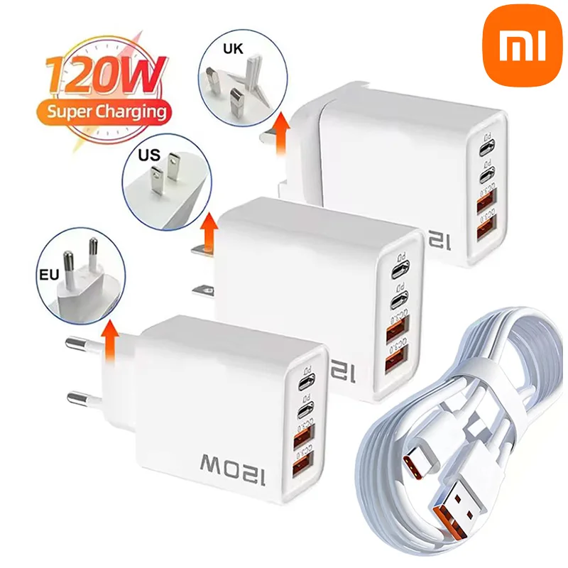 Xiaomi 120W 4 Port USB C Charger PD3.0 Fast Charging Station Data Cable Wall Adapter For iPhone Samsung Redmi Huawei EU US Plug
