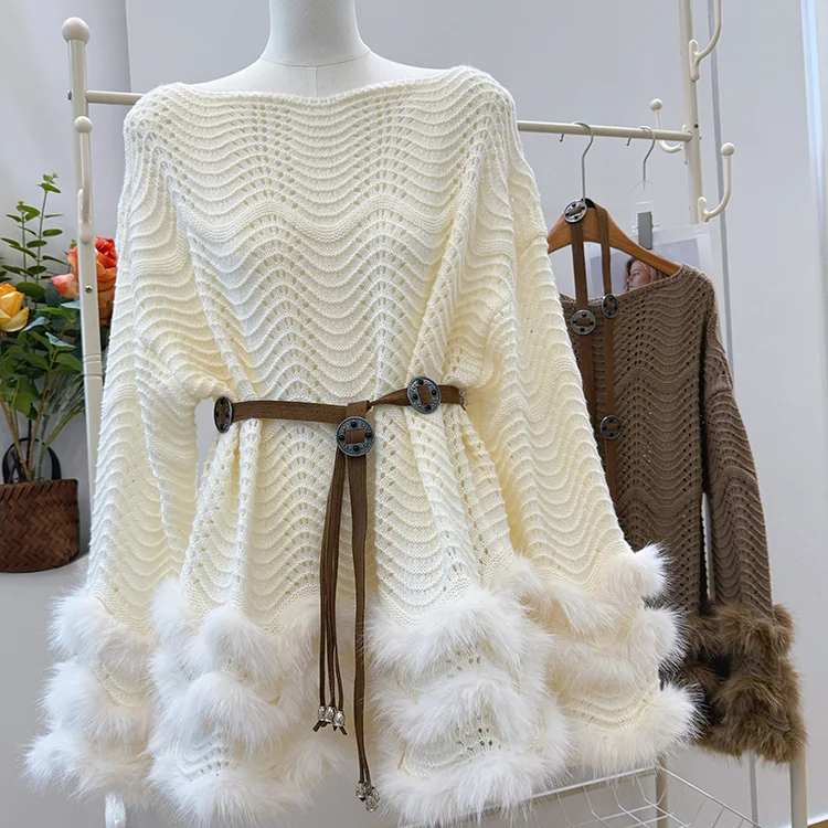 

French celebrity style foreign style belt waist knitted dress women's 2025 new splicing Mao Mao beautiful sweater skirt