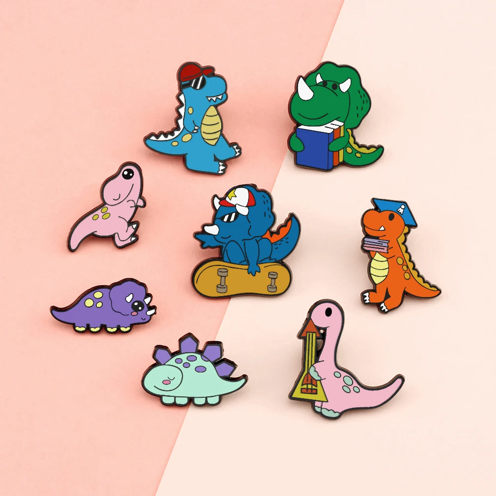 New Arrival 8 Styles Creative Dinosaur Enamel Pins Cool Skateboard Animal Brooches Coat Lapel Pin Badges Jewelry Gift Wholesale