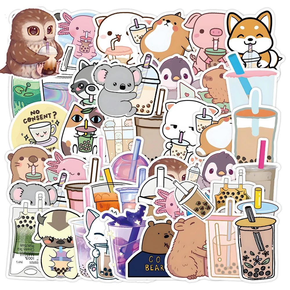 10/30/50pcs Pegatinas Kawaii de Animales para Bubble Tea, Adhesivos Divertidos de Dibujos Animados de Mascotas y Té de Leche con Perlas, Calcomanías DIY para Papelería y Teléfonos