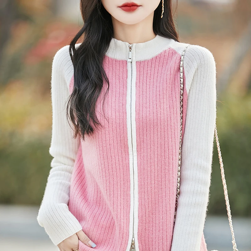 

100% Merino Wool Autumn Winter Fashion Color-blocking Zipper Knitted Cardigan Soft Long Sleeve Basic Clothing Tops