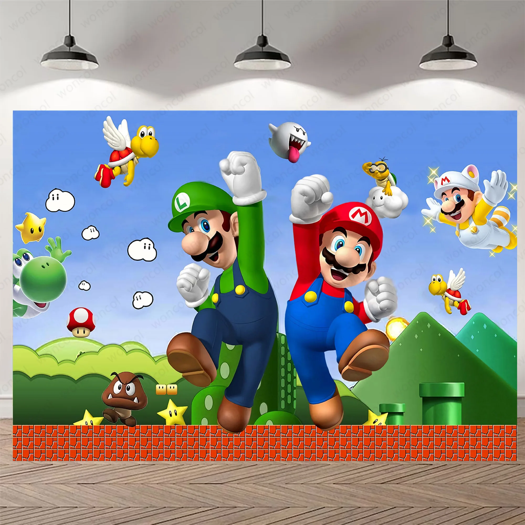 Telón de fondo de Super Mario Bros para niños, decoración de fiesta de cumpleaños, Fondo de fotografía de vinilo, pancarta de dibujos animados para Baby Shower, accesorios de estudio