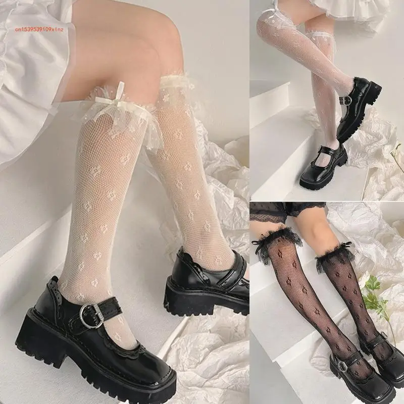 Phụ Nữ Nhật Bản Gothic Ren Trên Đầu Gối Ngọt Frilly Xù Lông Viền Nơ Hoa Dạ Nỉ Fishnet Đùi Cao Cấp Stocking