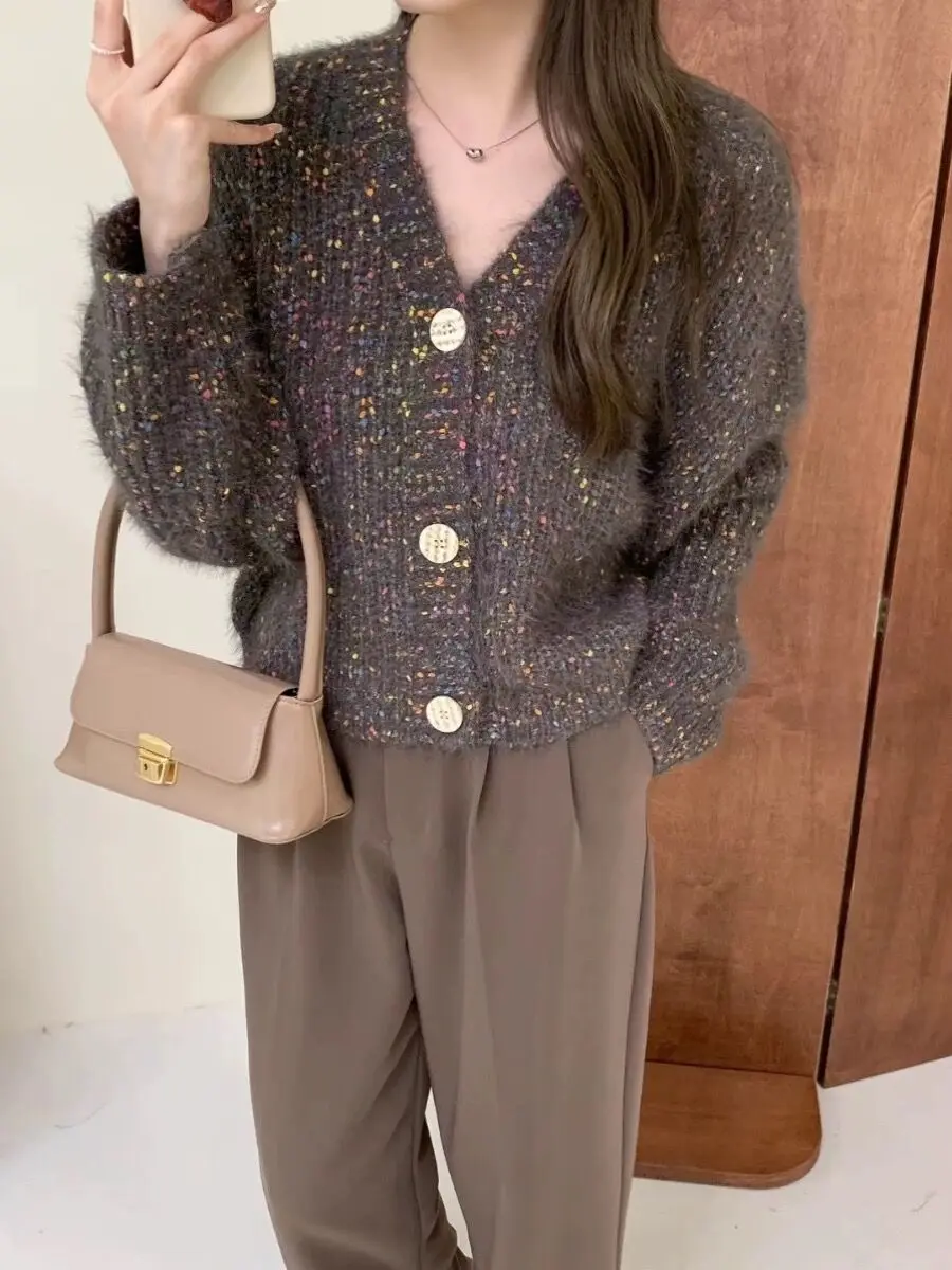 Women Chunky Mohair Cardigan Soft Melange Knit V-neck Button Down Sweater Jacket Pastel Lilac Fall Winter Casual Chic Outfit