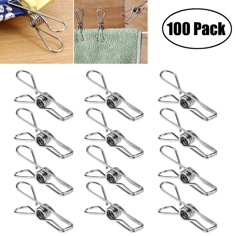 

100pcs Stainless Steel Clips Clothes Pins Pegs Holders Clothing Clamps Sealing Clip Household Multipurpose Clothespin