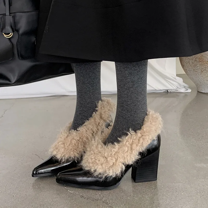 MKKHOU Fashion Pumps New High Quality Wool Shoes Pointed High Heels Winter Warm Women's Shoes Commuting Shoes