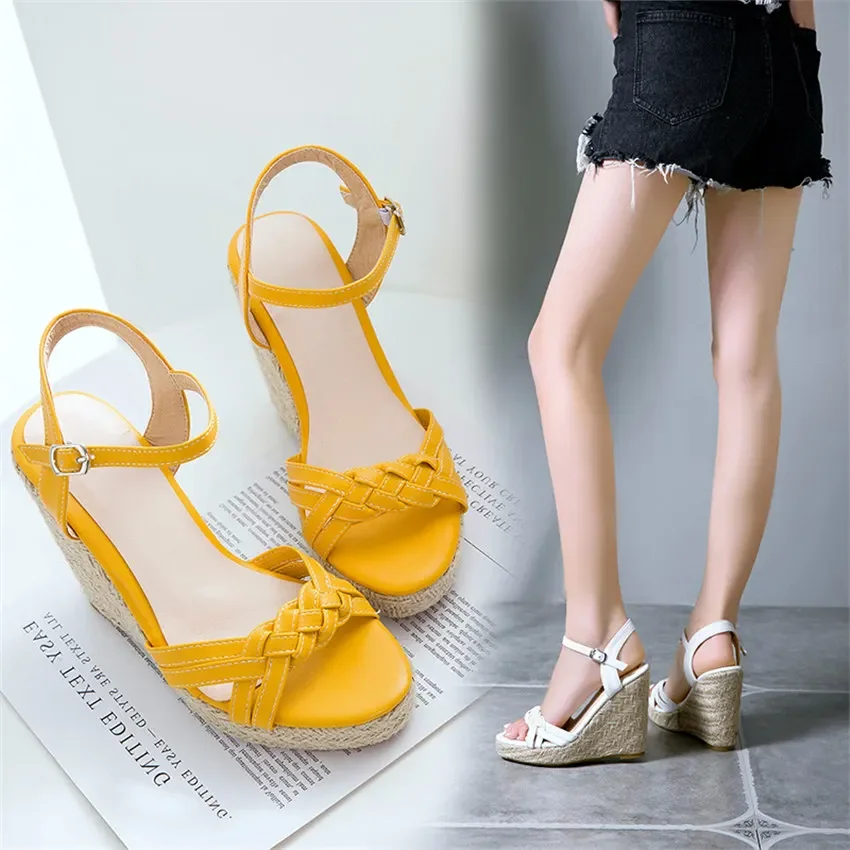 Big Size Women Platform Sandals Black Yellow Red Plaited PU High Thick Heels Casual Party Lady Ankle Strap Gladiator Wedge Shoes