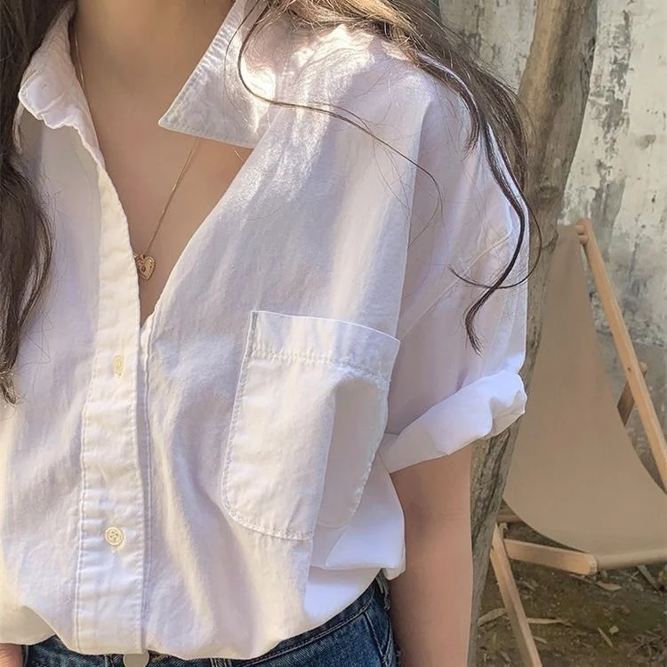 

White Cotton irt Women's Summer Faion Design ort Sve irt Korean Sle Loose Fit Button Detail Pure Color
