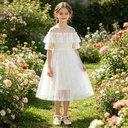 Girls White Lace Tulle Dress Floral Applique Midi Length for Birthday Wedding Guest Formal Occasion Elegant Party Dress 6 8 10 Y