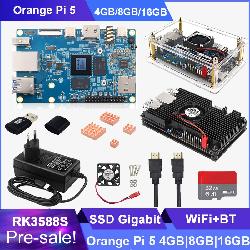 Orange Pi 5 4GB 8GB 16GB PCIE Module RK388S V 4A Power Supply Acrylic Case Heatsinks Optional for Opi  Run Android Debian OS