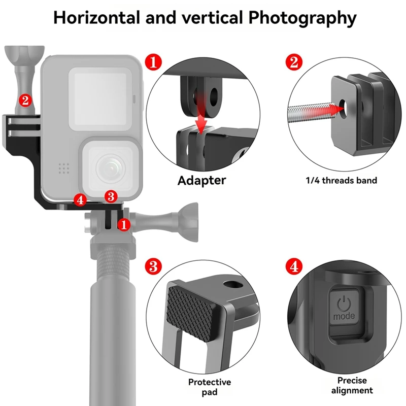 アクションカメラ垂直アームブラケット、自撮り棒マウントアダプター、GoProヒーロー12、11、10、9、8、7、アクション4、3に適合