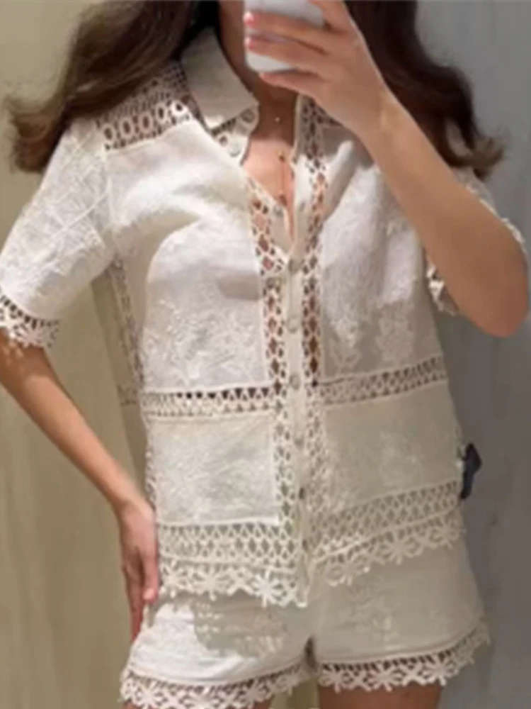 

Knitted Crochet Shirt Top Shorts Women Set Lace Hollow Out Breathable Large Hole Short Sleeved Lapel Blouse Shorts Suit Summer