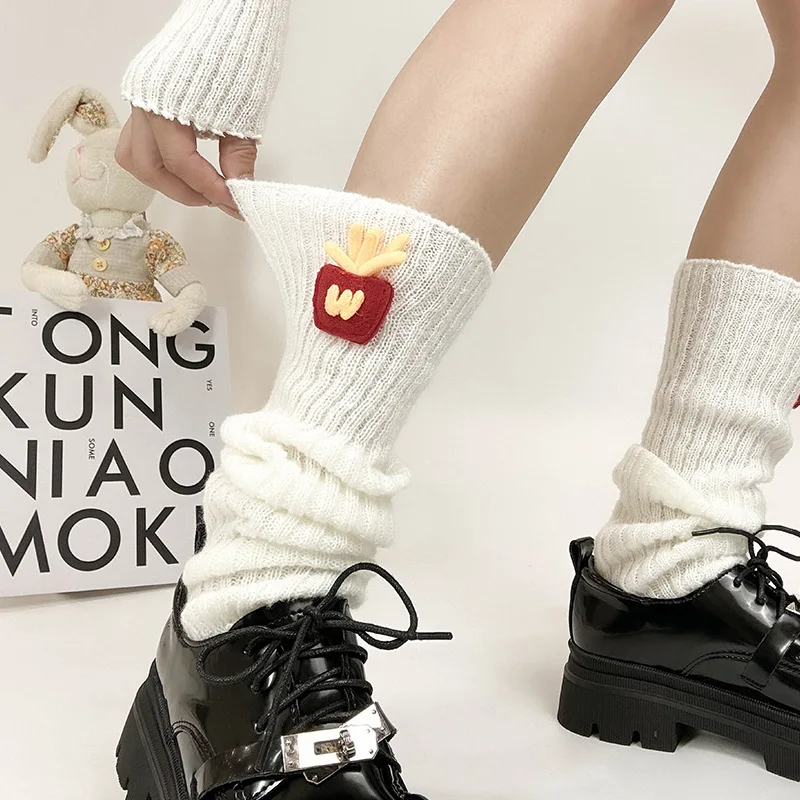 Color Black And White Three-dimensional French Fries Decoration Lolita Leg Warmers Women's Long Socks Wool Knitted Foot Cover