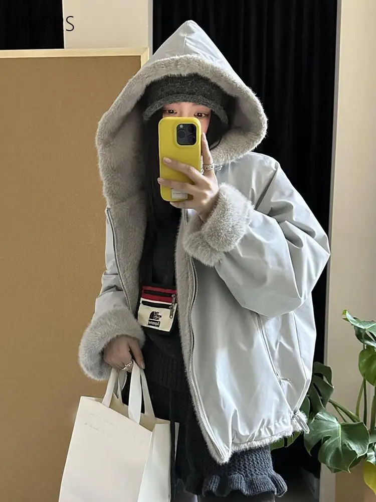 Cute Vintage Winter Parkas Women Faux Lamb Warm Thick Double Sided Sweet Cotton Coat Fall Winter Preppy Style Kawaii Outwear Top