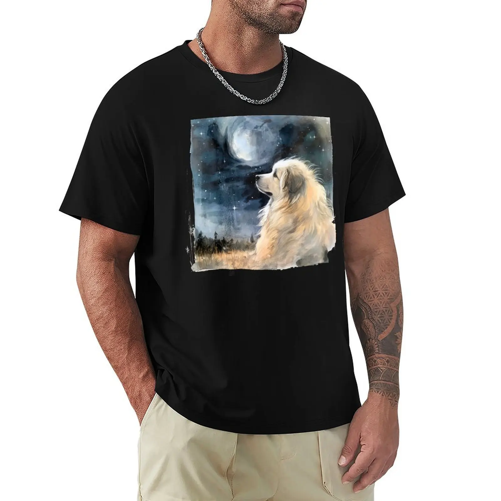 

Watercolor Great Pyrenees Gazing at The Moon & Stars T-Shirt Clothing plus sizes summer shirt sweat shirts, men