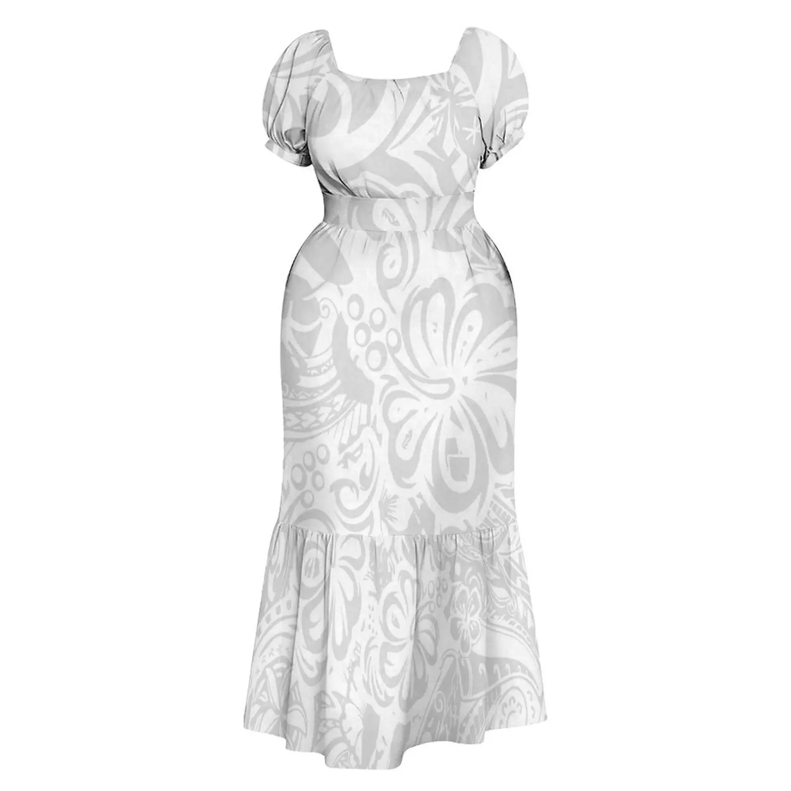 

Полинезийское женское приталенное платье с воротником-халтер, белое, с дизайном Самоа, для Дня матери, А-силуэт, длинная юбка, с завышенной талией