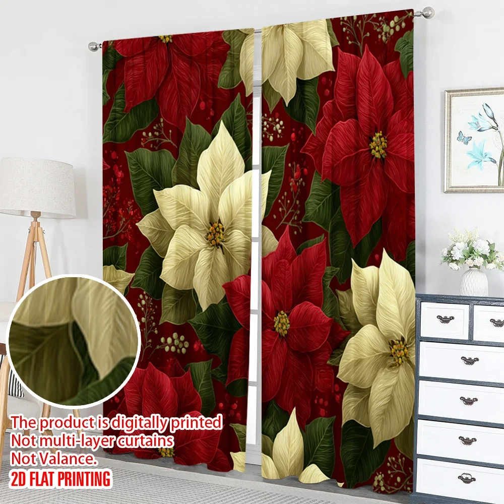 2 قطعة 2D الطباعة المسطحة عيد الميلاد سعيد المشهد الستائر عيد الميلاد البونسيتة زهرة الرقمية المطبوعة البوليستر الستائر احتفالية #5