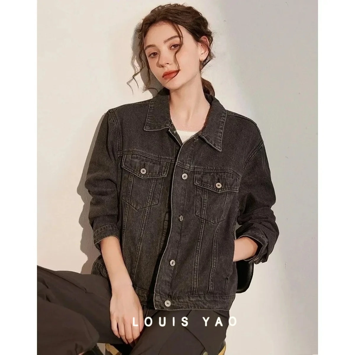 

LOUIS YAO New Vintage Distressed Jacket 2025 Spring Autumn Oversize Denim Coat Lapel Loose Boyfriend Style Women's Jacket