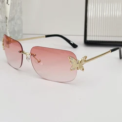 New Y2K Rimless Butterfly Square Sunglasses Women For Men Vintage Sun Glasses Luxury Brand Designer Steampunk Pink Shades UV400