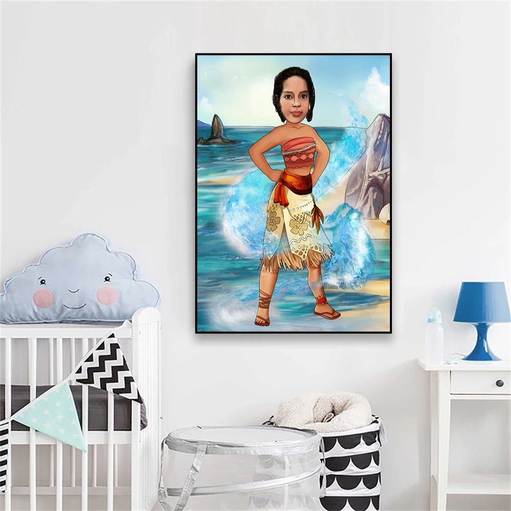 Princess Moana Personalized Cartoon Portrait Poster Custom Frozen Canvas Painting Girls Portrait Cartoon Prints Wall Art Decor