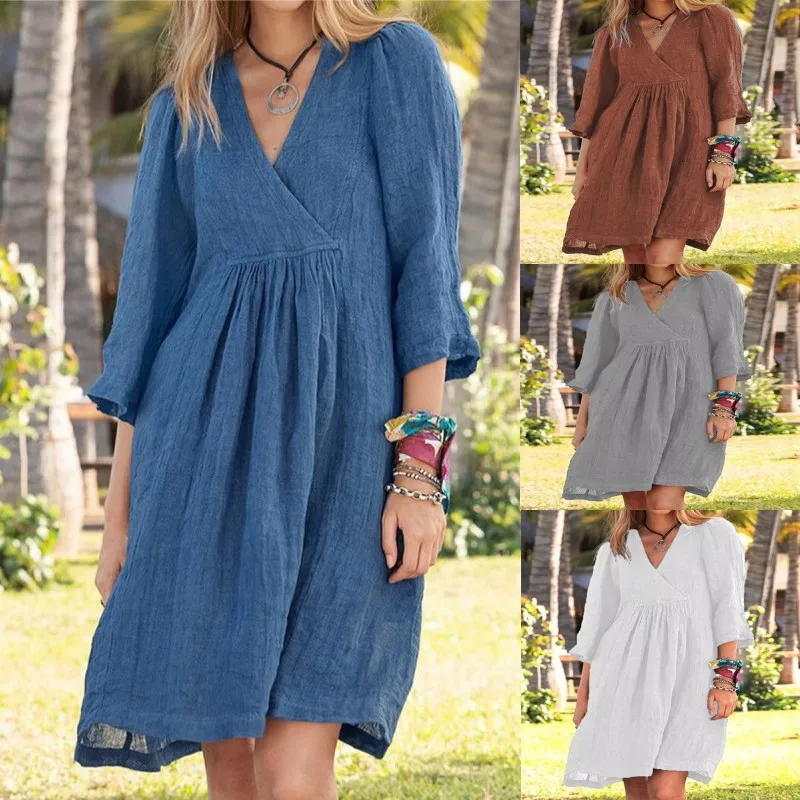 2025 Autumn New Fashionable Casual Cotton Leprosy Solid Color Seven Quarter Sleeve V-neck Mid Size Dress