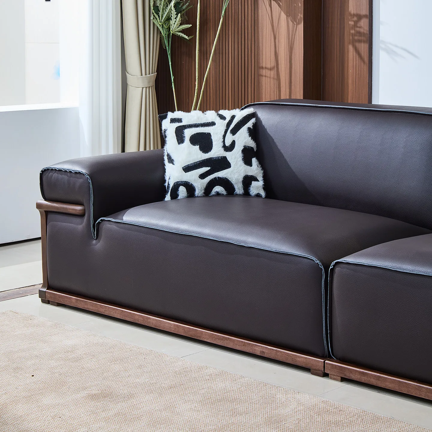 Leather sofa, Italian minimalist, straight row solid wood, black walnut