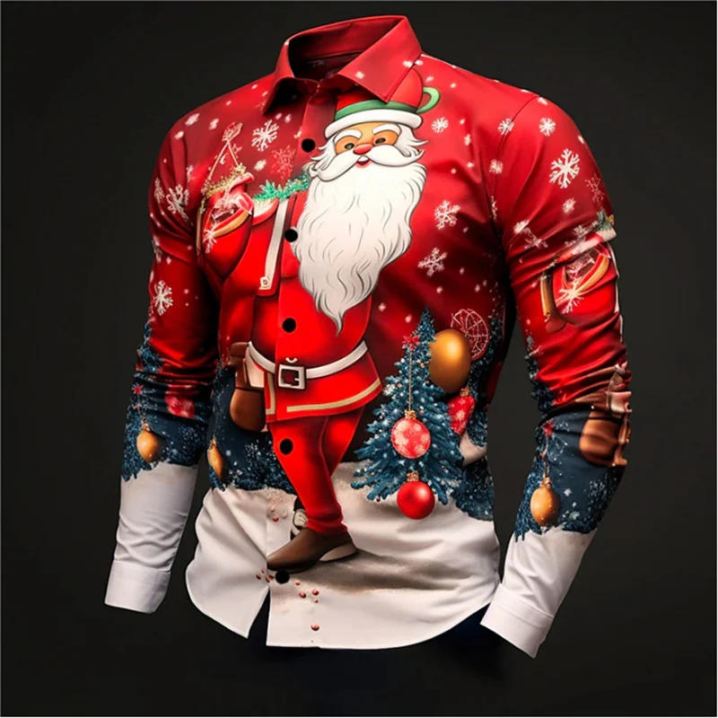 

New Christmas Men's Shirt Long Sleeve Top Fashionable 3d Printed Holiday Clothing Oversized Casual Men's Christmas Shirt