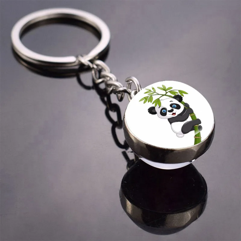 Classic Panda Eating Bamboo Shoots Keychain Double-sided Glass Metal Protruding Car Handbag Pendant Keyring Gift for Friends