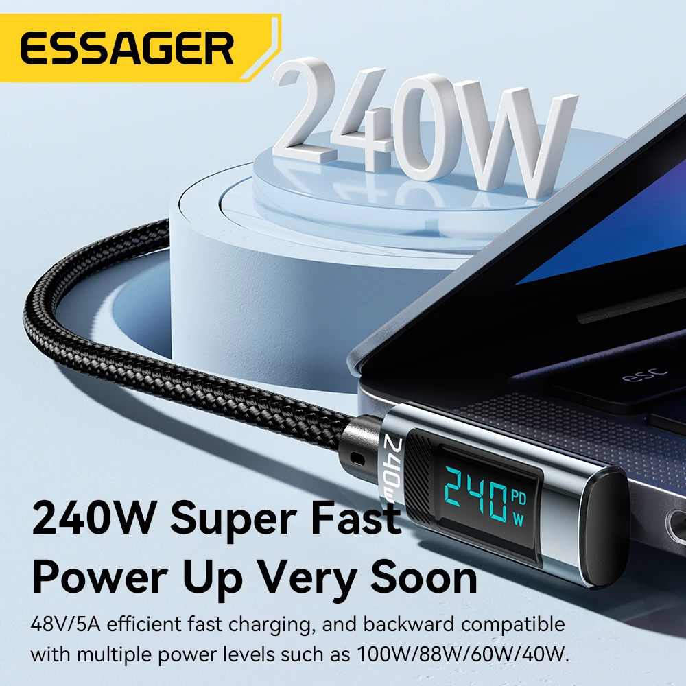 Kabel Essager 240W Type C do Type C z kątem 90 stopni, szybka ładowarka 5A, kabel Type C z wyświetlaczem cyfrowym do iPhone'a, MacBooka Pro, Xiaomi — zdjęcie produktu 3